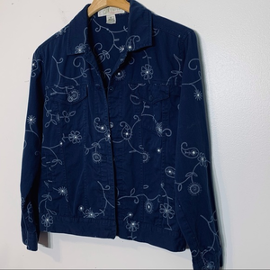 EUC Navy shirt jacket with white floral‎ embroidery
